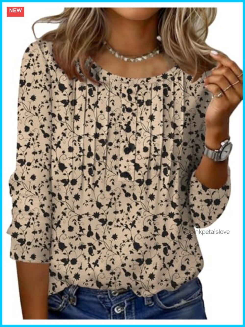 Zeagoo 3/4 Length Sleeve Tunic Top Round Neck Pleated Casual Summer Tee